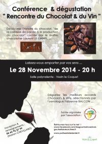 Conférence Dégustation La rencontre du chocolat et du vin. Le vendredi 28 novembre 2014 à Vezin-le-Coquet. Ille-et-Vilaine.  20H00